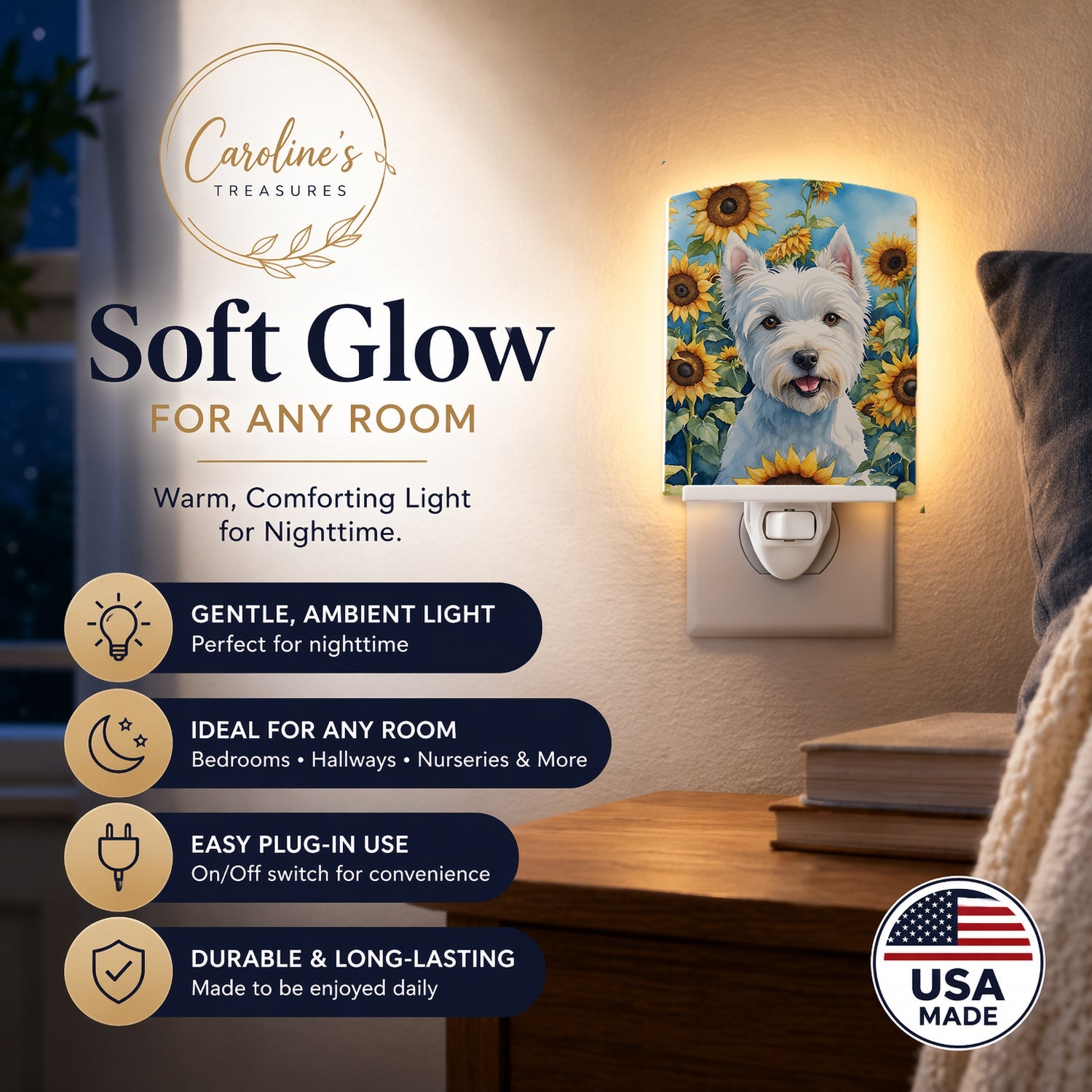 Westie in Sunflowers Ceramic Night Light Compact, UL-Certified, Ideal for Bedroom, Bathroom, Nursery, Hallway, Kitchen, 6x4x3, Multicolor