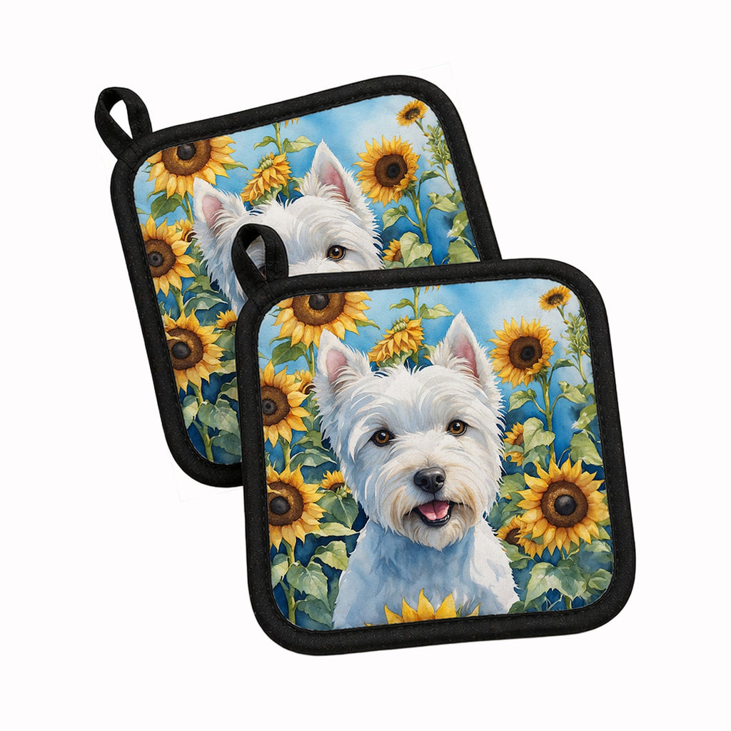 Westie in Sunflowers Pot Holder Set of 2 Heat Resistant Quilted Hot Pads 7.5 x 7.5 Inch, Insulated Kitchen Trivets for Cooking & Baking