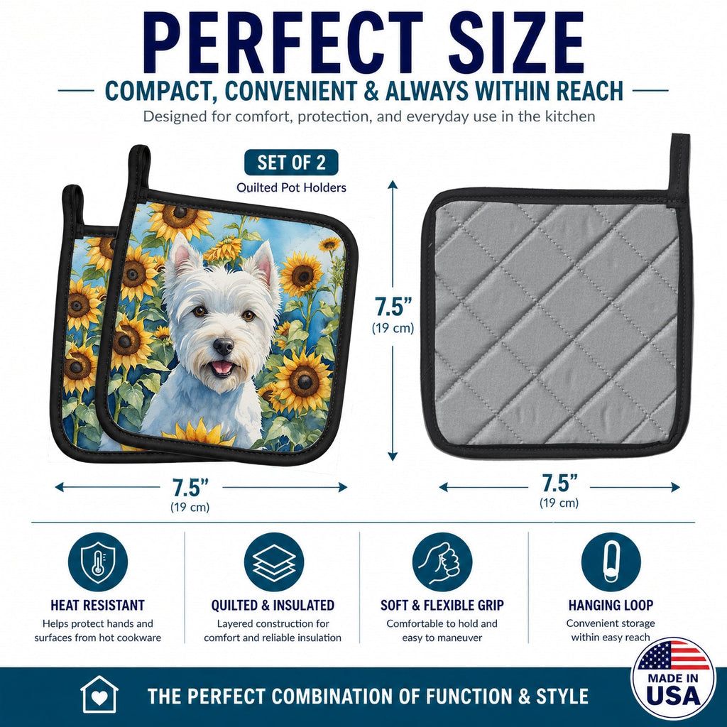 Westie in Sunflowers Pot Holder Set of 2 Heat Resistant Quilted Hot Pads 7.5 x 7.5 Inch, Insulated Kitchen Trivets for Cooking & Baking