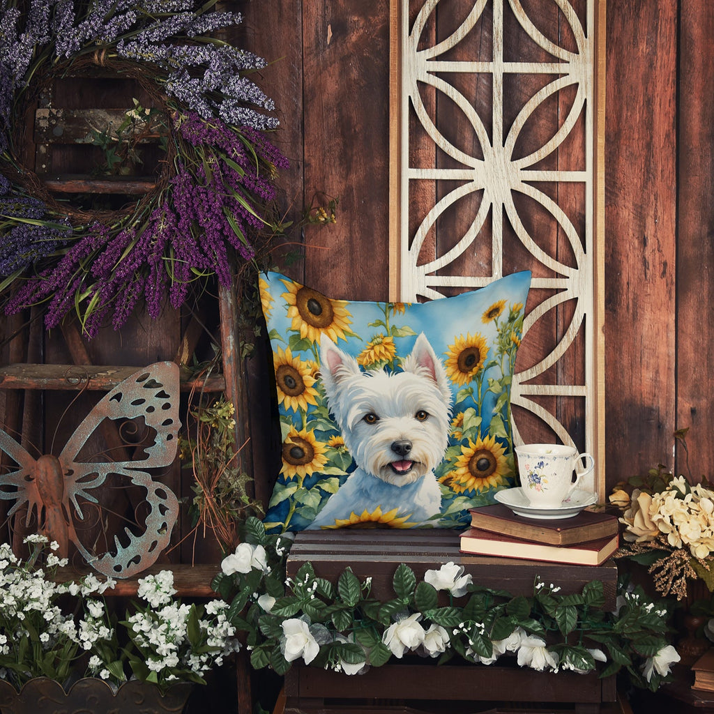 Westie in Sunflowers Decorative Throw Pillow 18x18 Indoor Outdoor Accent Cushion, Fabric Cover with Insert for Sofa, Bed, Porch & Living Room