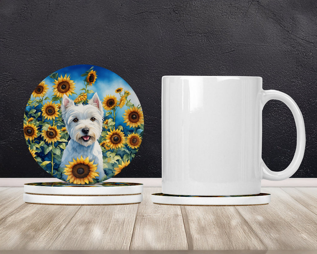 Westie in Sunflowers Large Sandstone Coasters Pack of 4 Absorbent Round Coasters Decor Gifts for Men or Women, 4 in, Multicolor