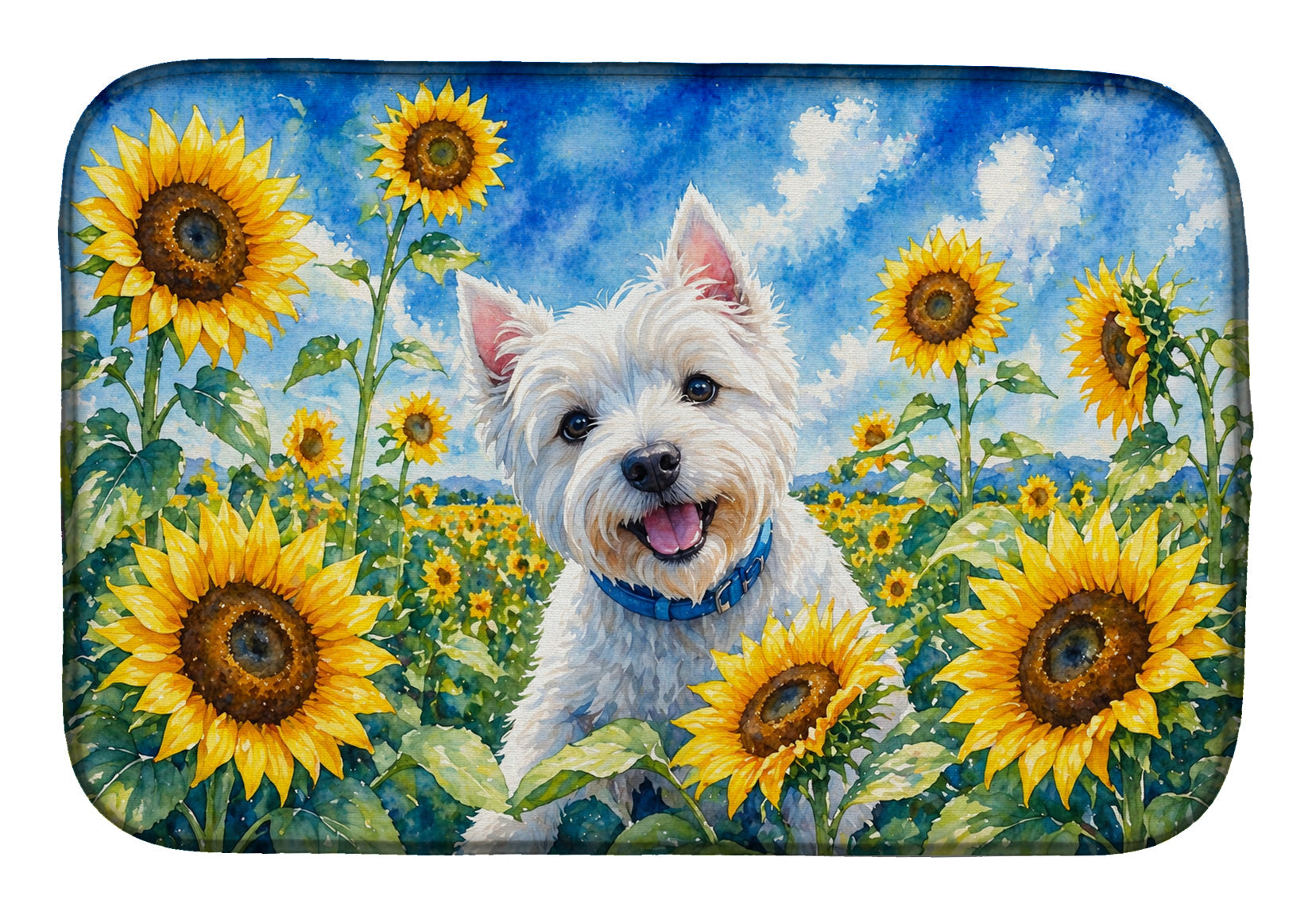 Westie in Sunflowers Dish Drying Mat Absorbent Dish Drying Mat Pad for Kitchen Counter Dish Drainer Mat for Countertop, 14 x 21", Multicolor