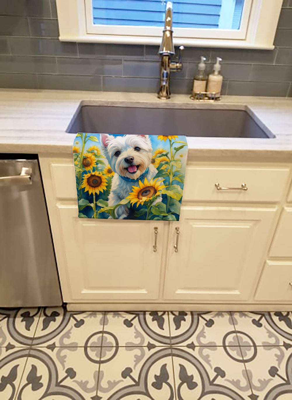 Westie in Sunflowers Kitchen Towel Velour Plush Front and Cotton Loop Back Machine Washable