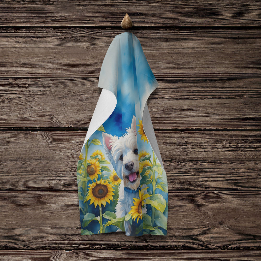Westie in Sunflowers Kitchen Towel Velour Plush Front and Cotton Loop Back Machine Washable