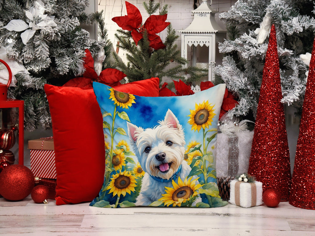 Westie in Sunflowers Decorative Throw Pillow 14x14 Indoor Outdoor Accent Cushion, Fabric Cover with Insert for Sofa, Bed, Porch & Living Room