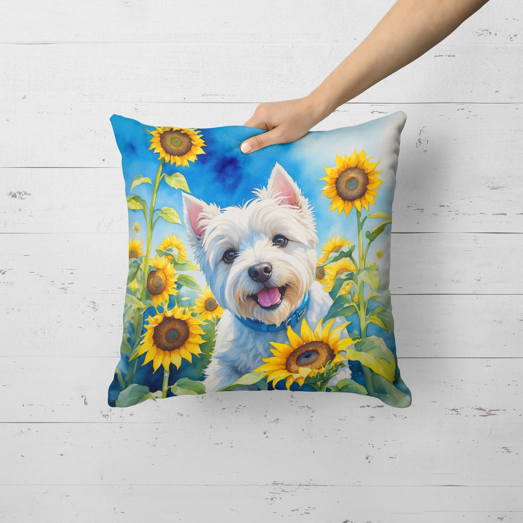 Westie in Sunflowers Decorative Throw Pillow 18x18 Indoor Outdoor Accent Cushion, Fabric Cover with Insert for Sofa, Bed, Porch & Living Room