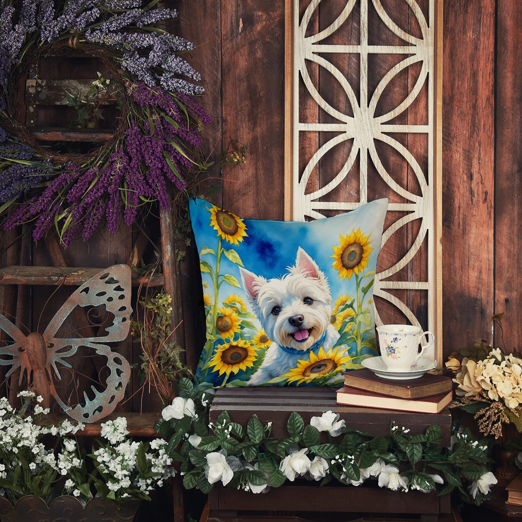 Westie in Sunflowers Decorative Throw Pillow 18x18 Indoor Outdoor Accent Cushion, Fabric Cover with Insert for Sofa, Bed, Porch & Living Room