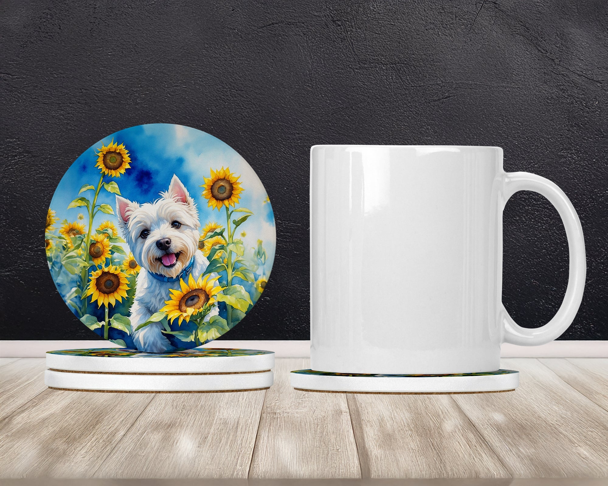 Westie in Sunflowers Large Sandstone Coasters Pack of 4 Absorbent Round Coasters Decor Gifts for Men or Women, 4 in, Multicolor