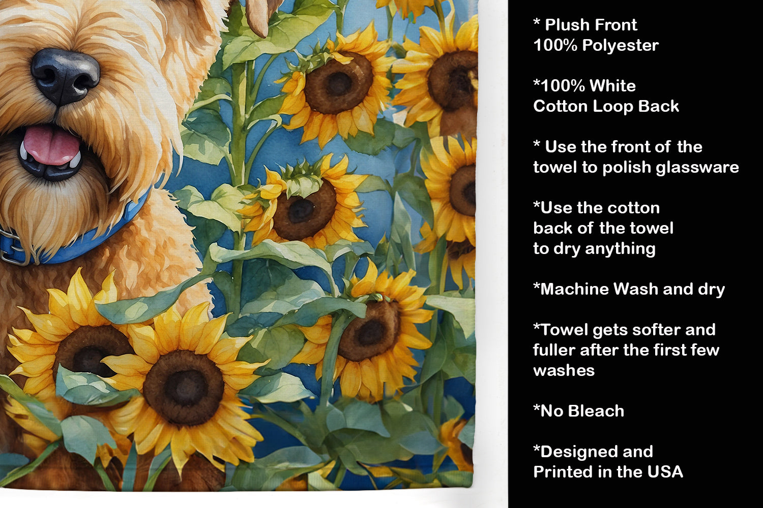 Wheaten Terrier in Sunflowers Kitchen Towel Velour Plush Front and Cotton Loop Back Machine Washable