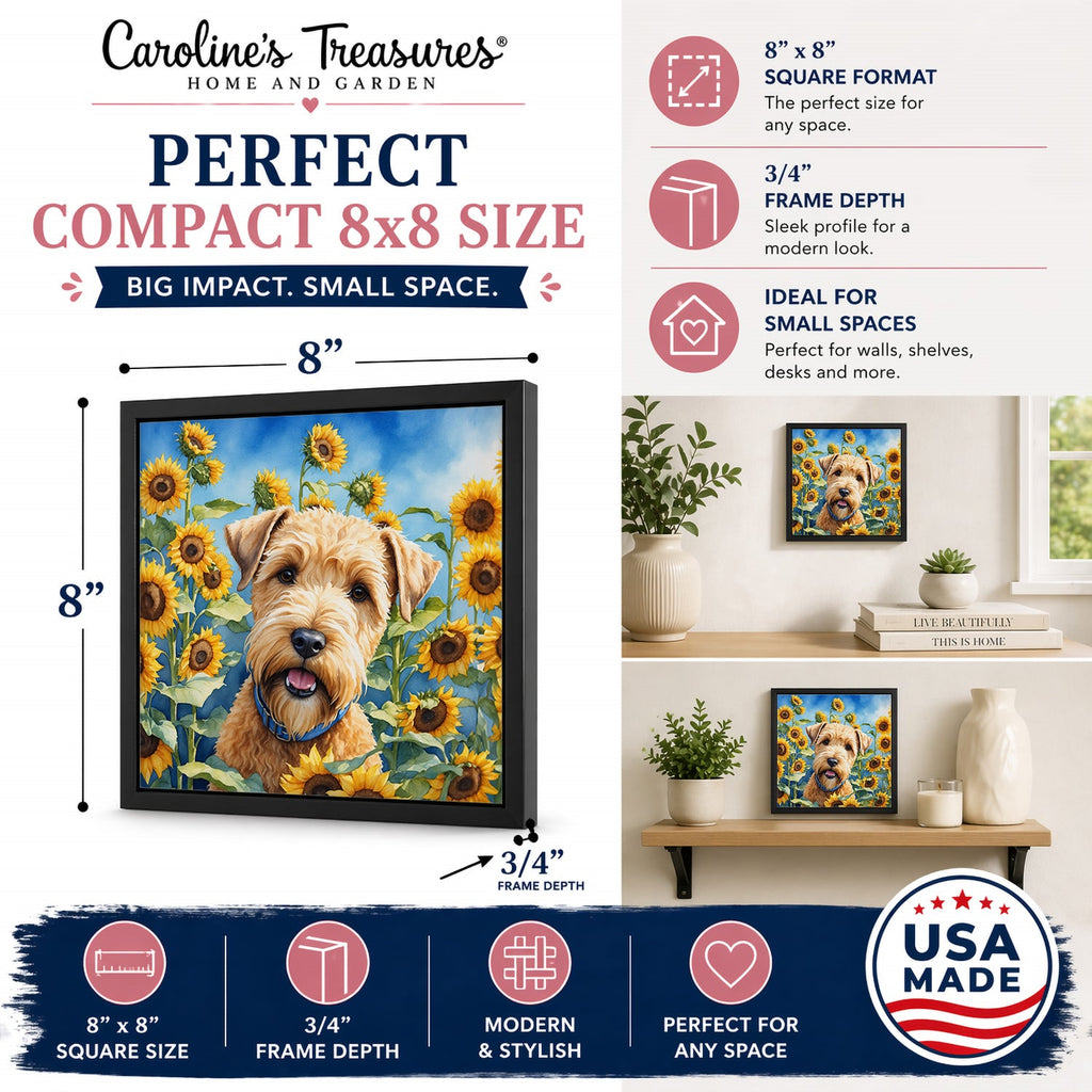 Wheaten Terrier in Sunflowers Framed Metal Print Bathroom, Kitchen, Office, Home Decor Wall Art Ready to Hang, Square, 8X8