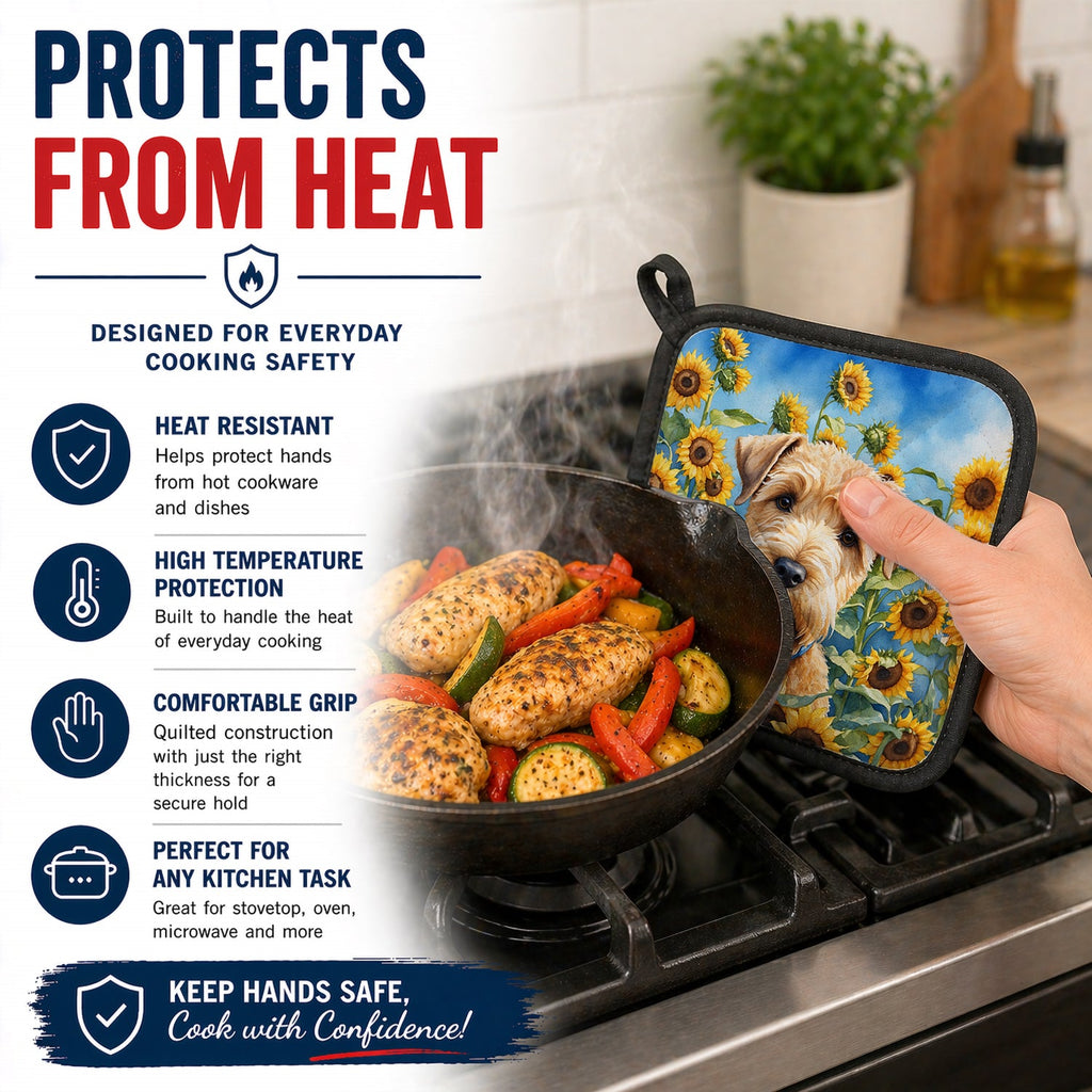 Wheaten Terrier in Sunflowers Pot Holder Set of 2 Heat Resistant Quilted Hot Pads 7.5 x 7.5 Inch, Insulated Kitchen Trivets for Cooking & Baking