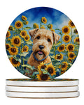 Wheaten Terrier in Sunflowers Large Sandstone Coasters Pack of 4 Absorbent Round Coasters Decor Gifts for Men or Women, 4 in, Multicolor