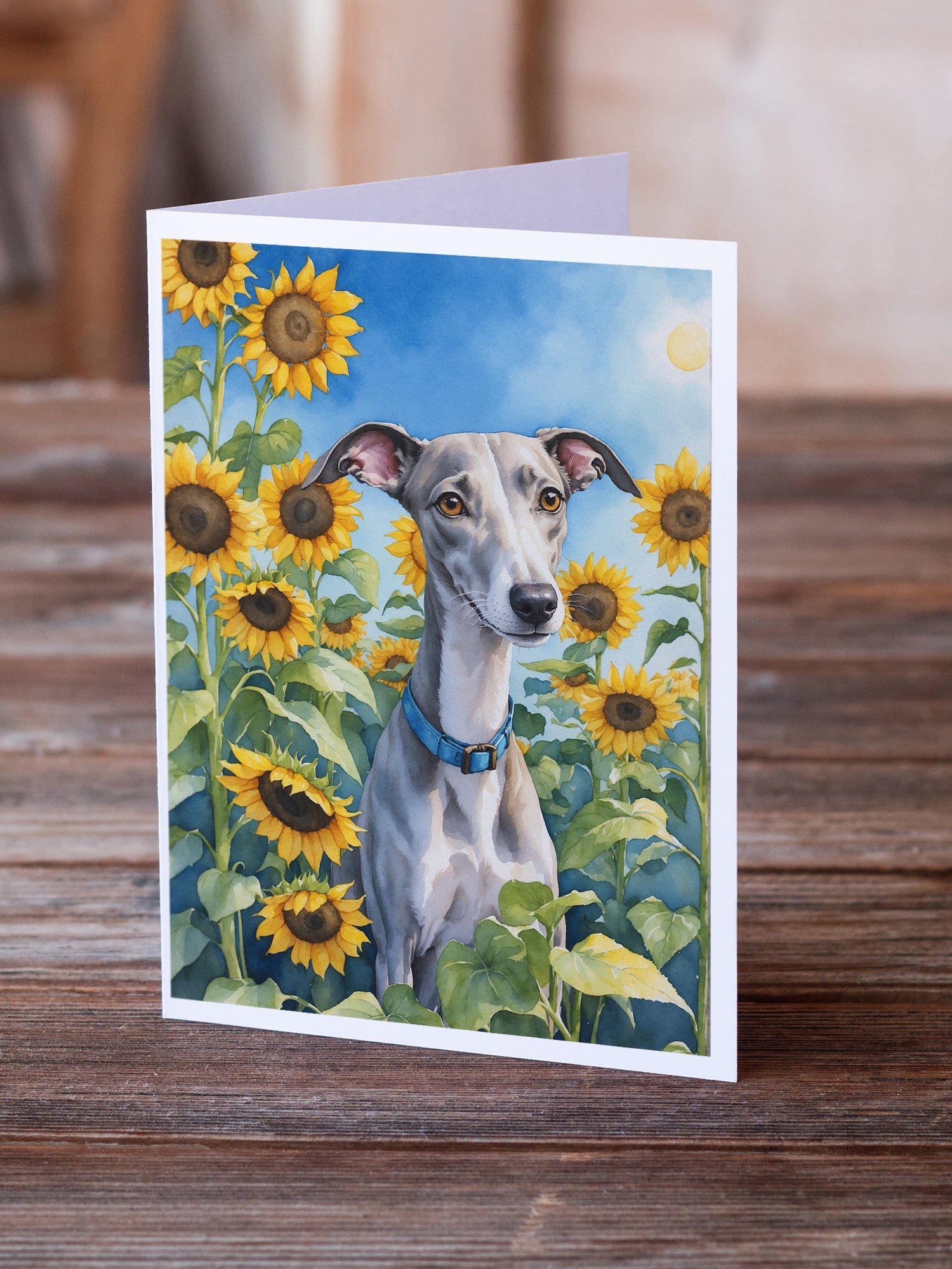 Whippet in Sunflowers Greeting Cards Pack of 8 Blank Cards with Envelopes Whimsical A7 Size 5x7