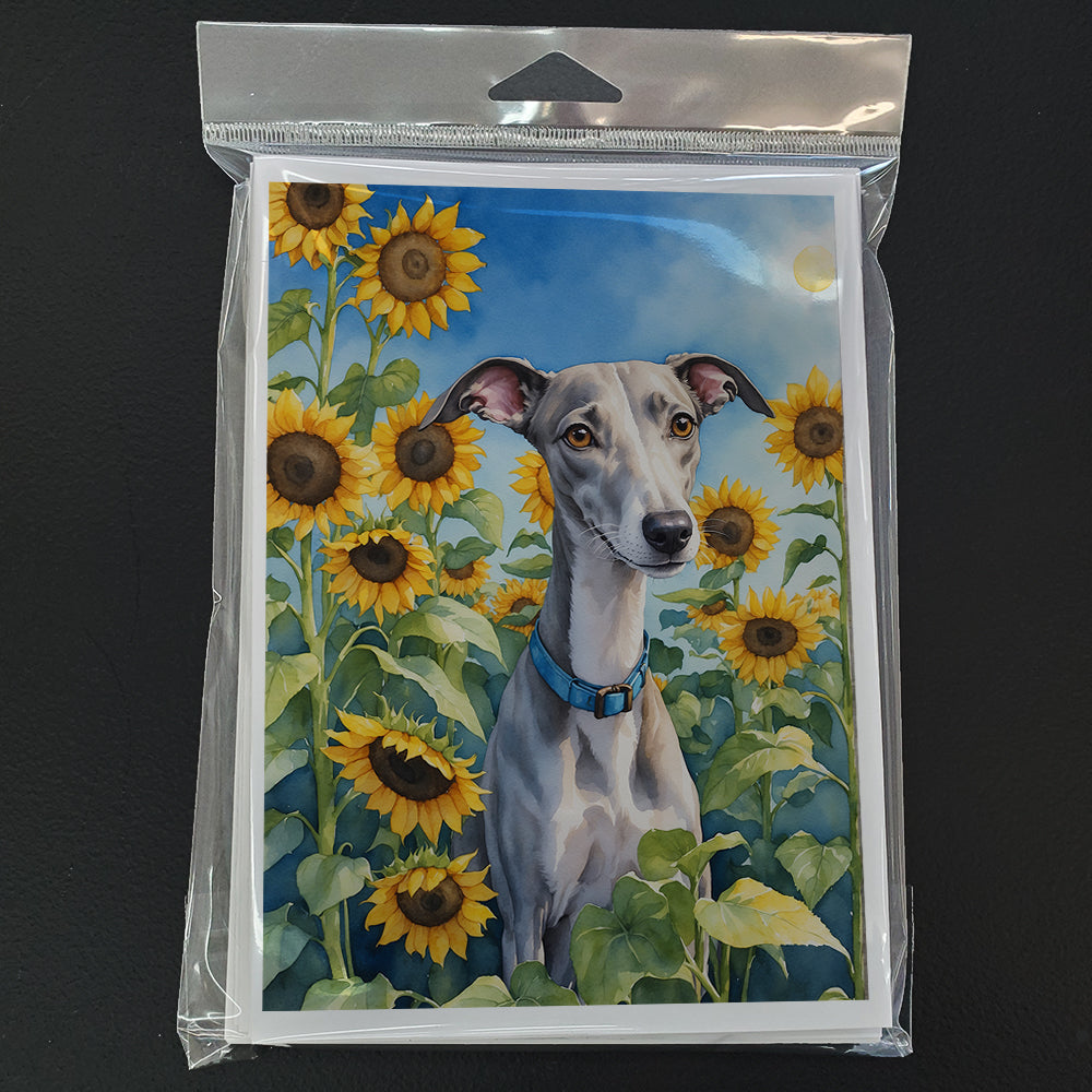 Whippet in Sunflowers Greeting Cards Pack of 8 Blank Cards with Envelopes Whimsical A7 Size 5x7