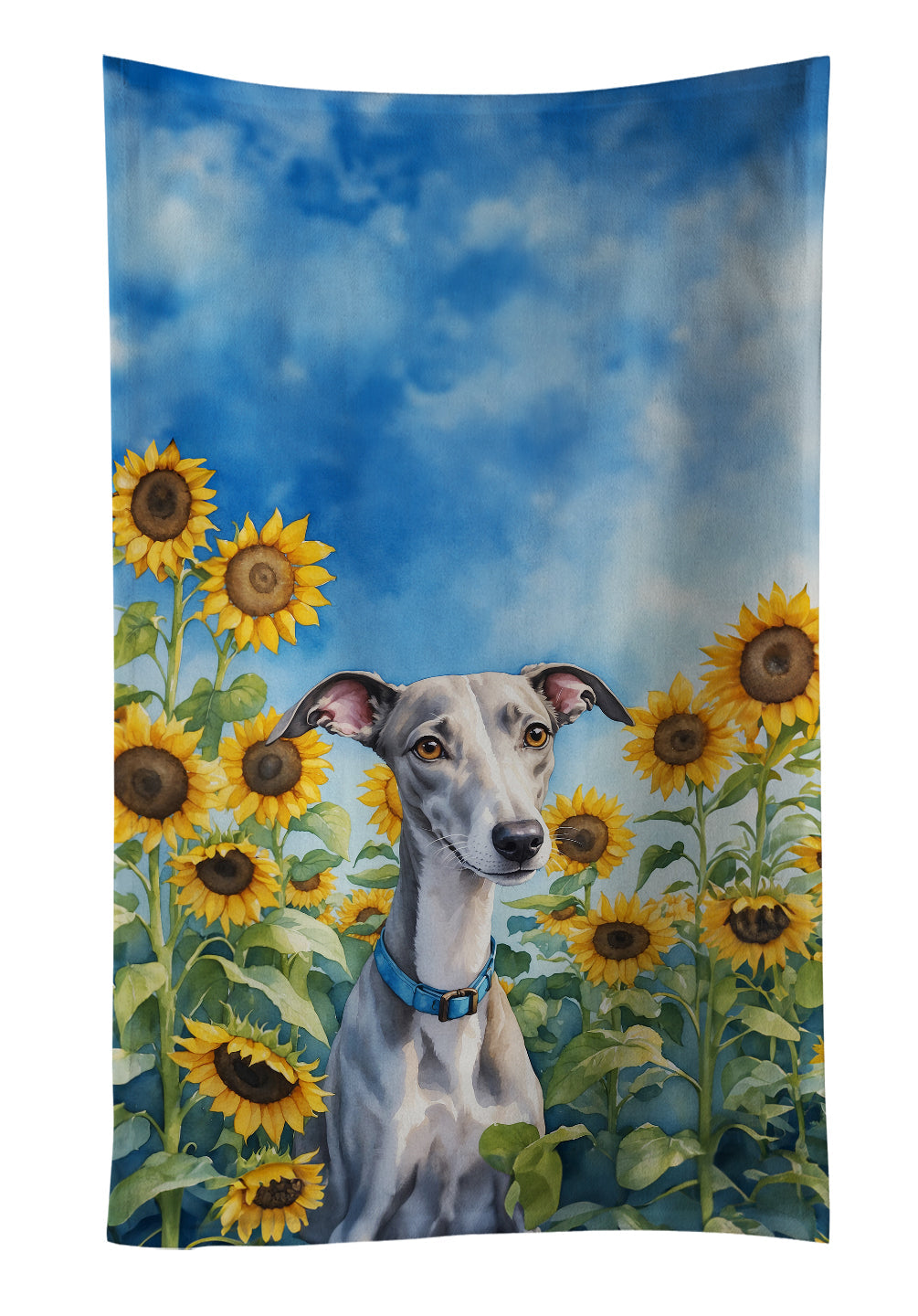 Whippet in Sunflowers Kitchen Towel Velour Plush Front and Cotton Loop Back Machine Washable
