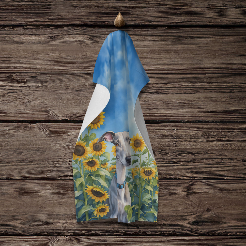 Whippet in Sunflowers Kitchen Towel Velour Plush Front and Cotton Loop Back Machine Washable