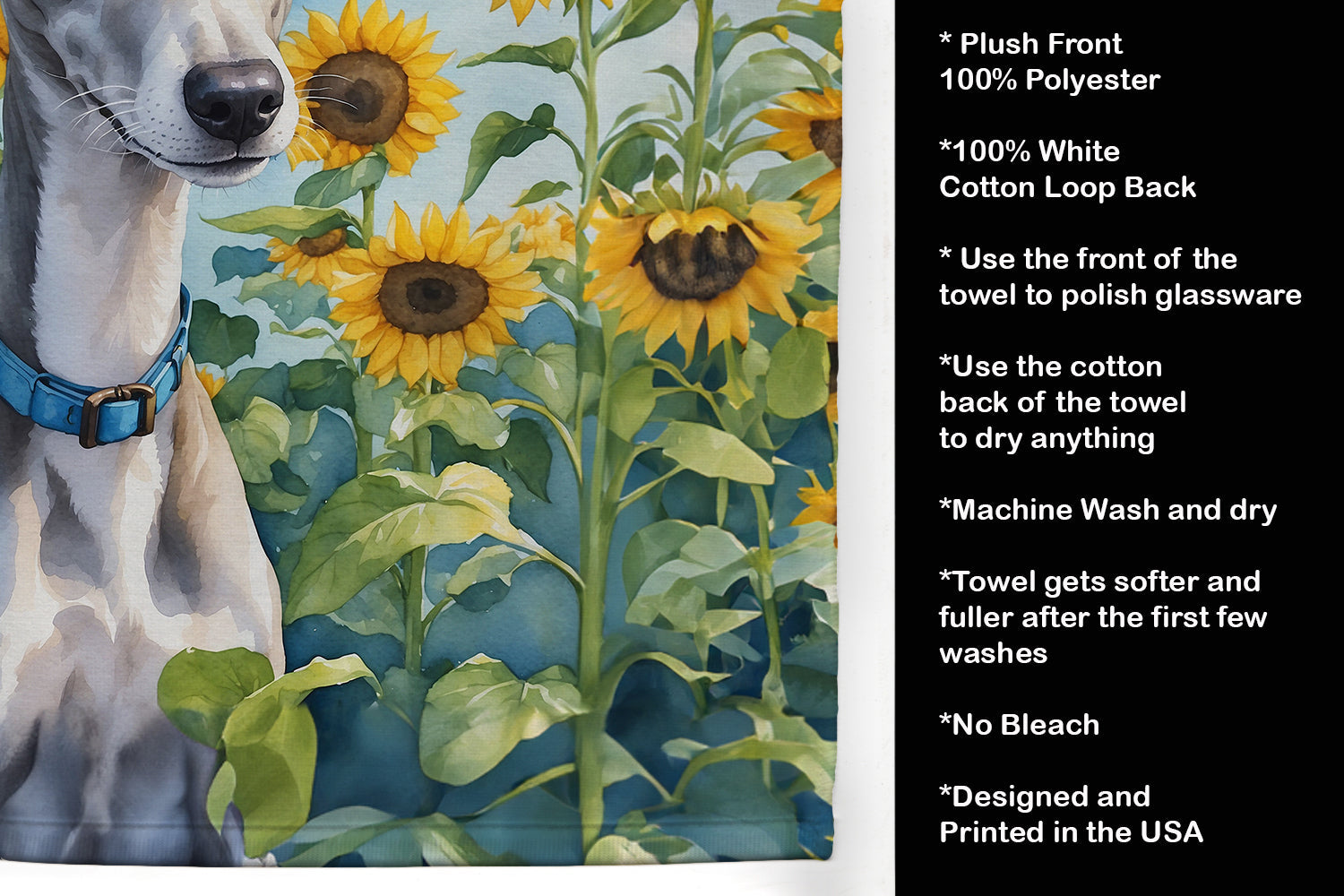 Whippet in Sunflowers Kitchen Towel Velour Plush Front and Cotton Loop Back Machine Washable