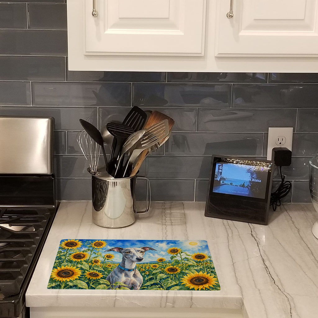 Whippet in Sunflowers Cutting Board Tempered Glass Kitchen Cutting Surface, Heat Resistant Chopping Board with Non-Slip Feet, Decorative Food Prep & Serving