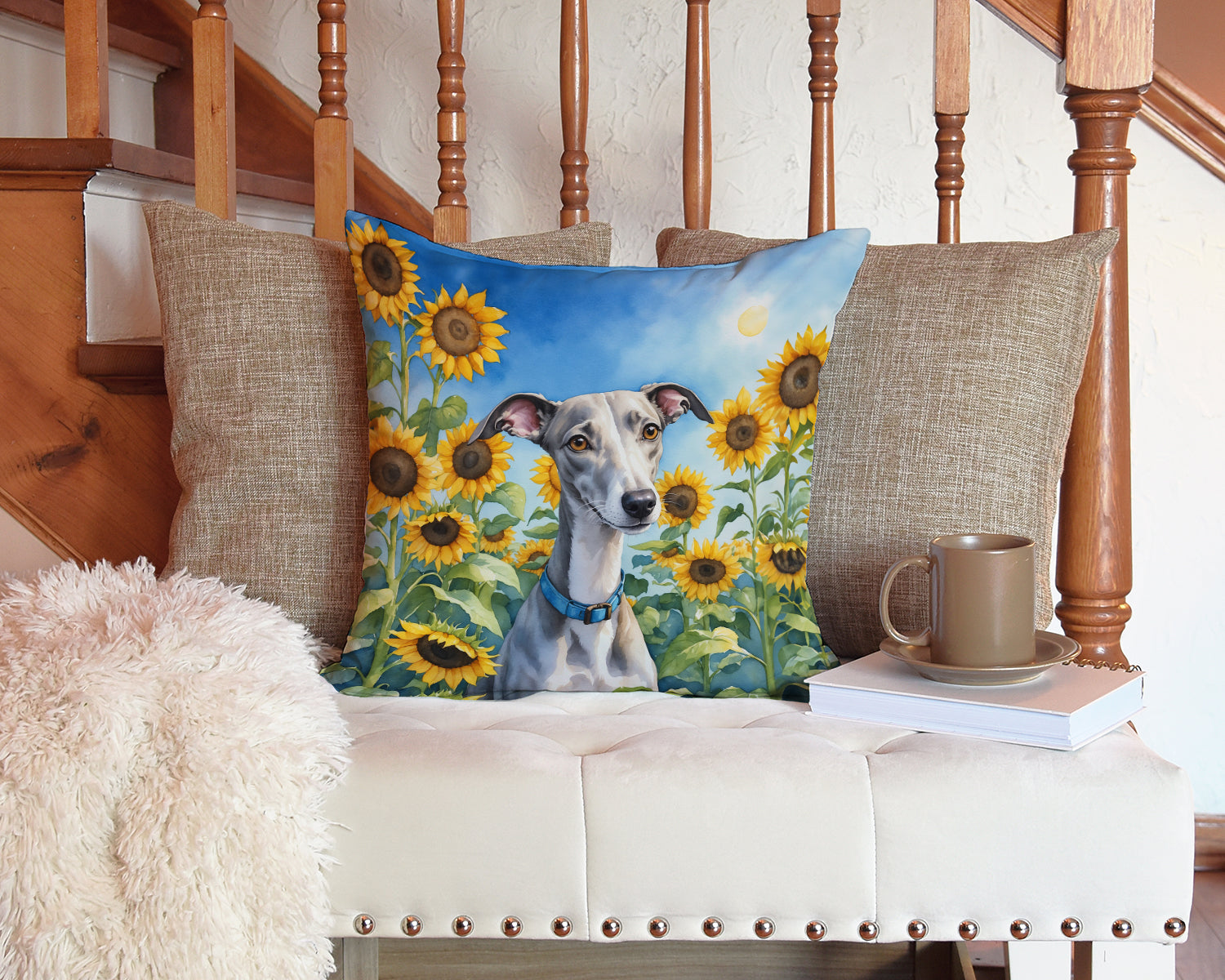 Whippet in Sunflowers Decorative Throw Pillow 14x14 Indoor Outdoor Accent Cushion, Fabric Cover with Insert for Sofa, Bed, Porch & Living Room