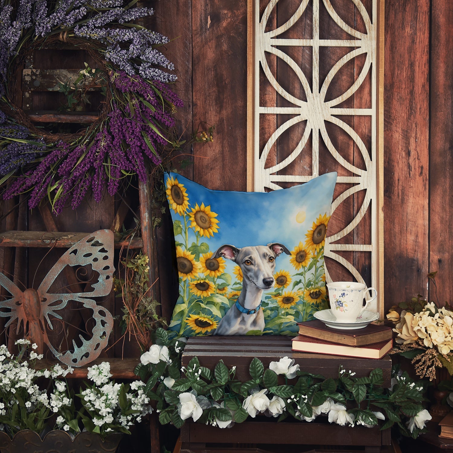 Whippet in Sunflowers Decorative Throw Pillow 14x14 Indoor Outdoor Accent Cushion, Fabric Cover with Insert for Sofa, Bed, Porch & Living Room