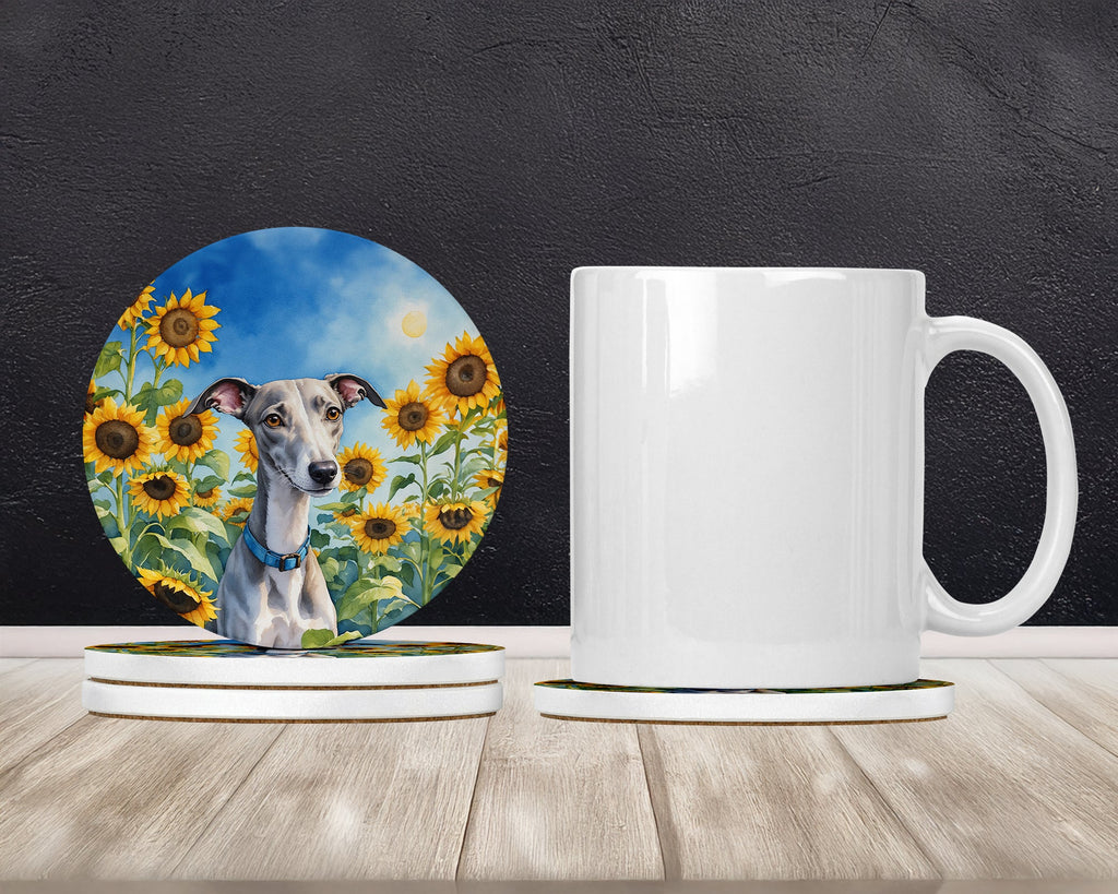 Whippet in Sunflowers Large Sandstone Coasters Pack of 4 Absorbent Round Coasters Decor Gifts for Men or Women, 4 in, Multicolor