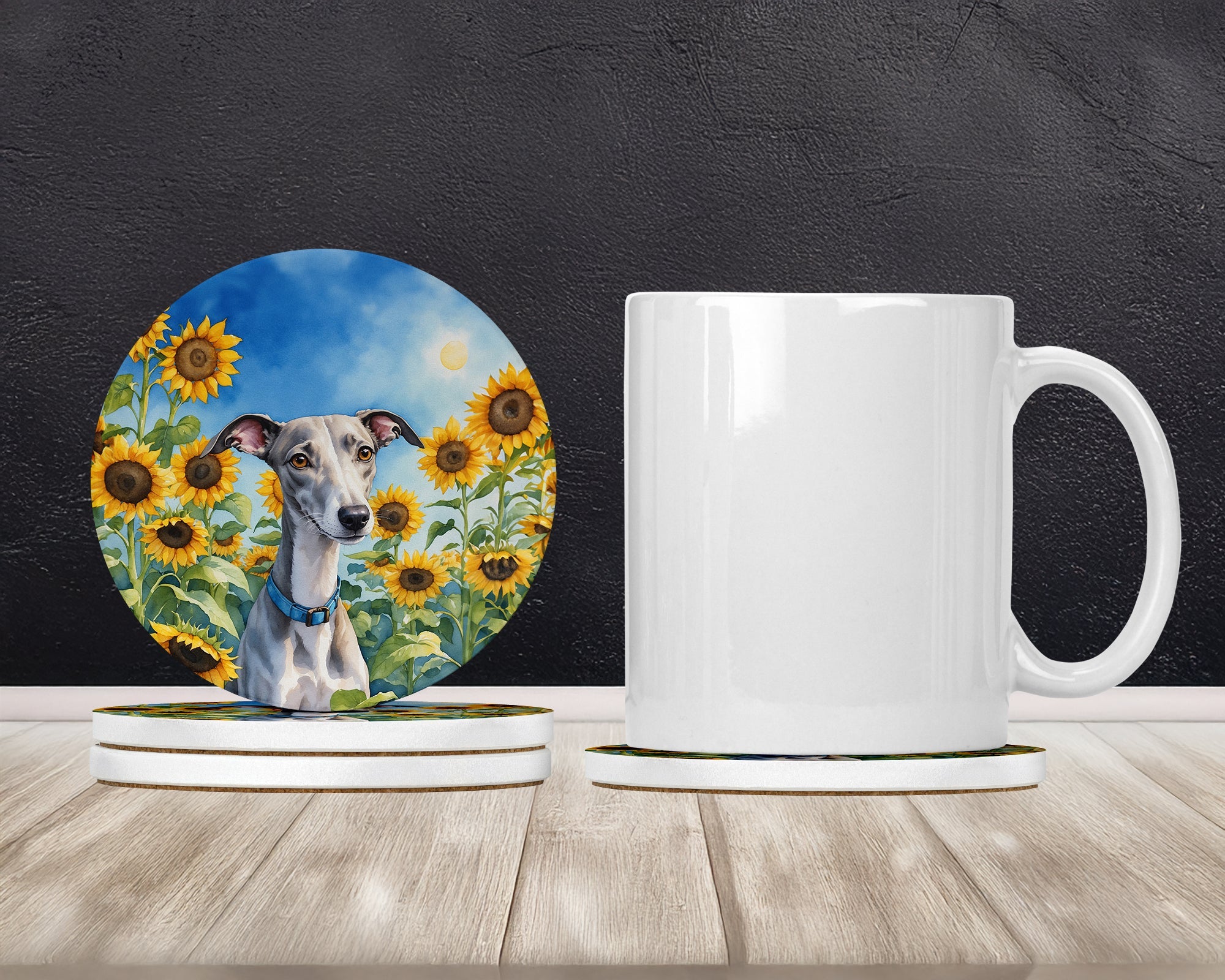 Whippet in Sunflowers Large Sandstone Coasters Pack of 4 Absorbent Round Coasters Decor Gifts for Men or Women, 4 in, Multicolor
