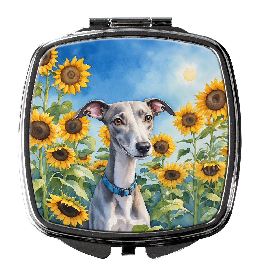 Whippet in Sunflowers Compact Mirror Decorative Travel Makeup Mirror for Women Girls Gifts Pocket Makeup Mirror Folding Handheld