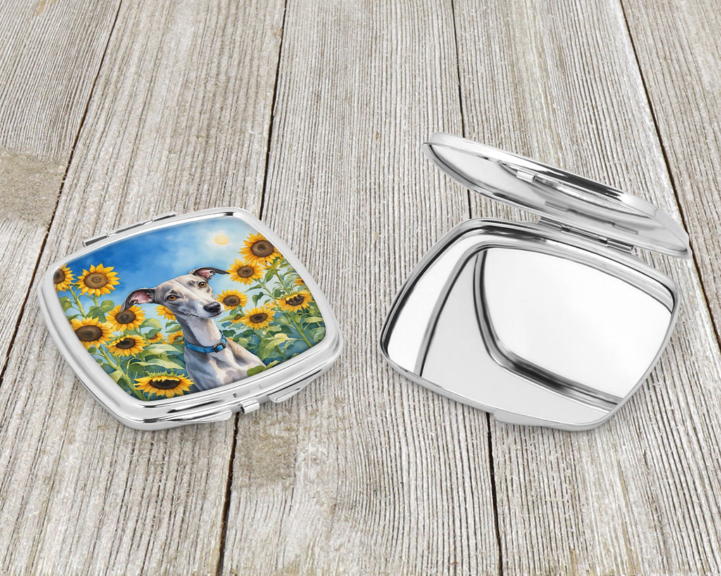 Whippet in Sunflowers Compact Mirror Decorative Travel Makeup Mirror for Women Girls Gifts Pocket Makeup Mirror Folding Handheld