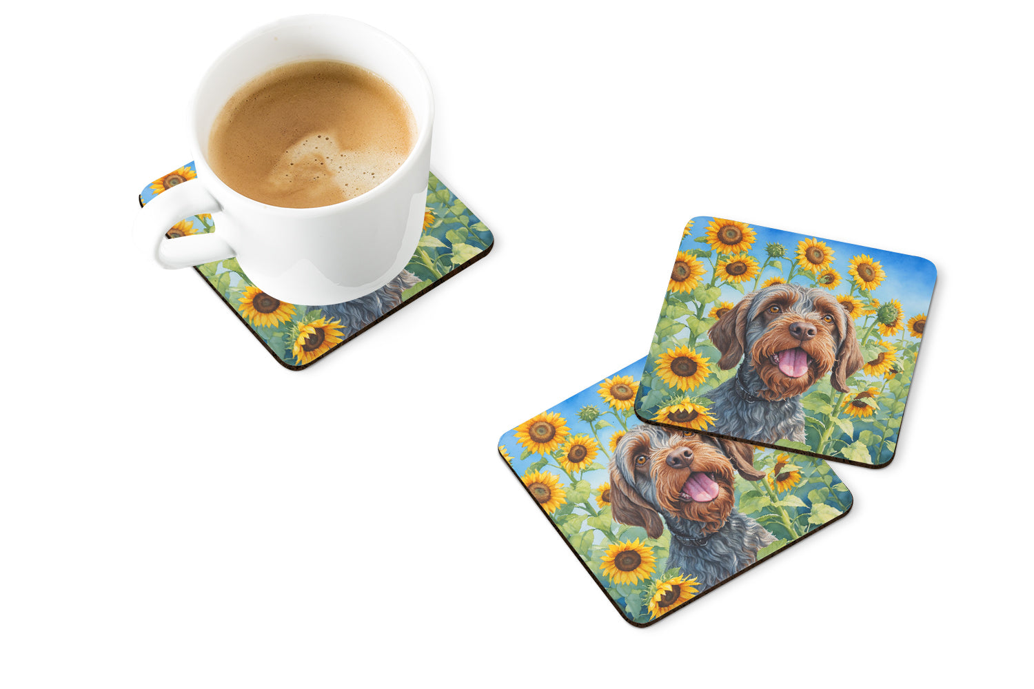 Wirehaired Pointing Griffon in Sunflowers Foam Coasters Set of 4 Cup Coasters for Indoor Outdoor, Tabletop Protection, Anti Slip, Mouse pad Material