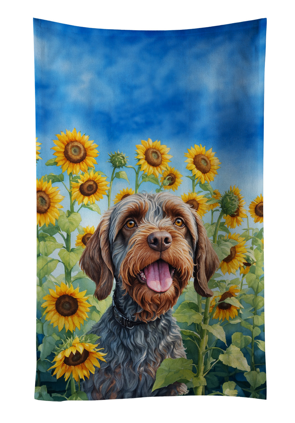 Wirehaired Pointing Griffon in Sunflowers Kitchen Towel Velour Plush Front and Cotton Loop Back Machine Washable