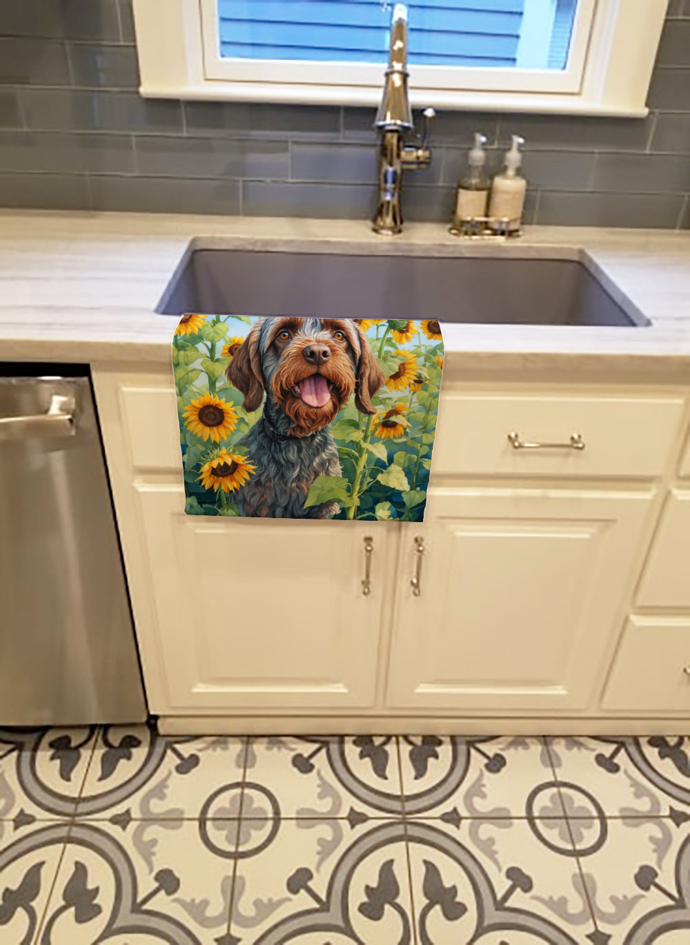 Wirehaired Pointing Griffon in Sunflowers Kitchen Towel Velour Plush Front and Cotton Loop Back Machine Washable