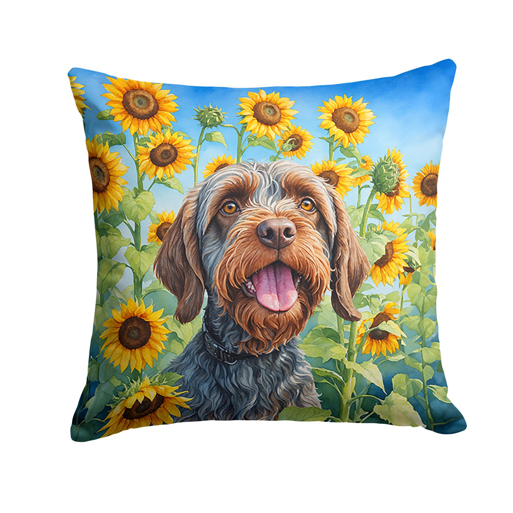 Wirehaired Pointing Griffon in Sunflowers Decorative Throw Pillow 14x14 Indoor Outdoor Accent Cushion, Fabric Cover with Insert for Sofa, Bed, Porch & Living Room