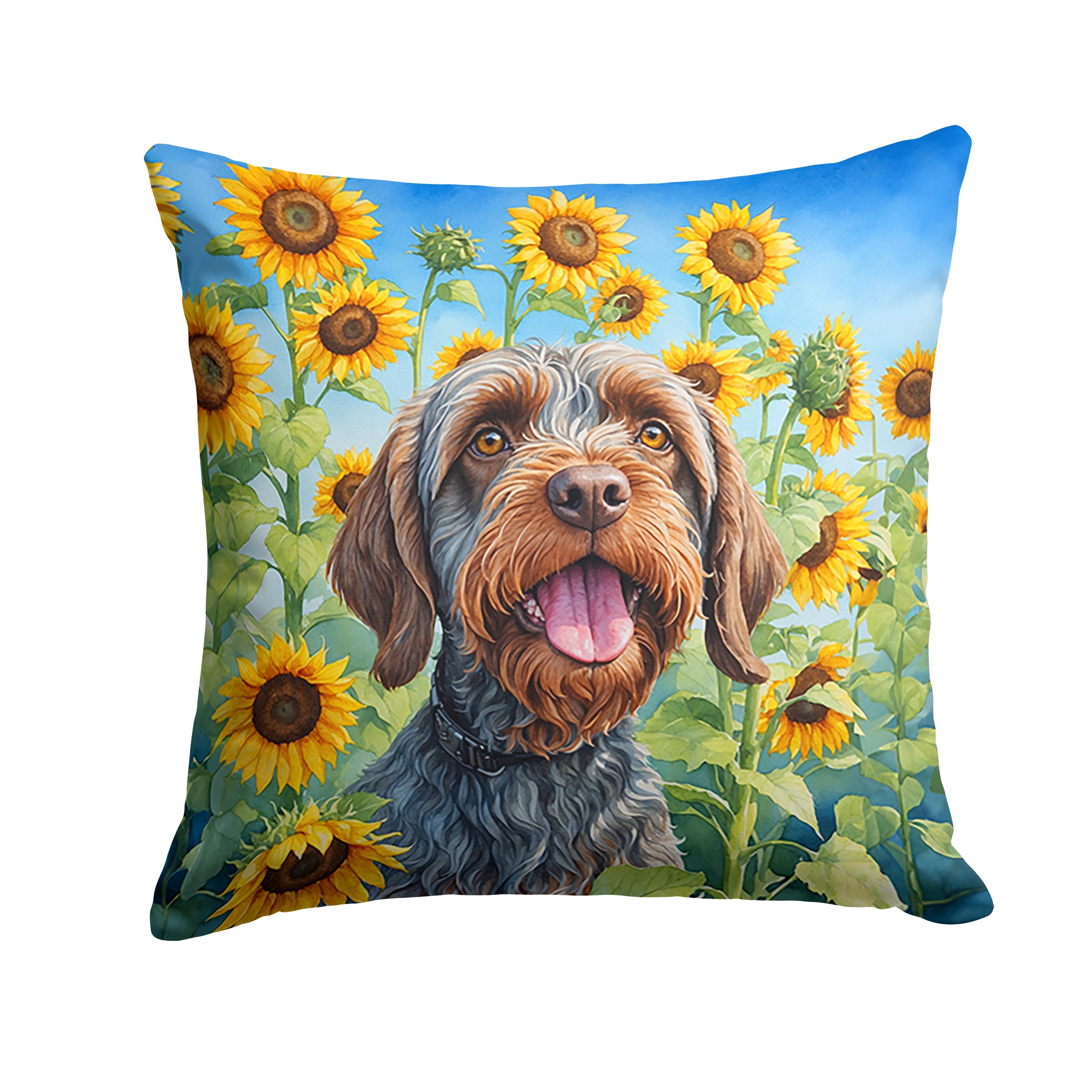Wirehaired Pointing Griffon in Sunflowers Decorative Throw Pillow 14x14 Indoor Outdoor Accent Cushion, Fabric Cover with Insert for Sofa, Bed, Porch & Living Room