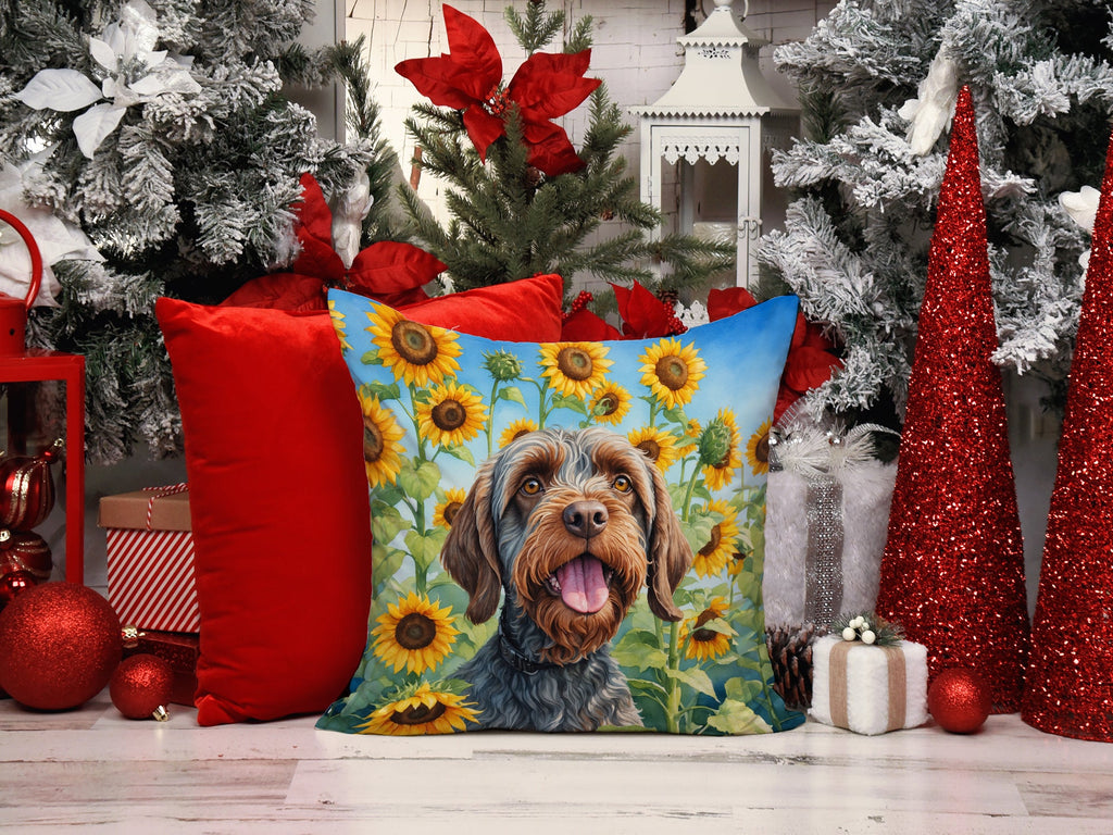 Wirehaired Pointing Griffon in Sunflowers Decorative Throw Pillow 14x14 Indoor Outdoor Accent Cushion, Fabric Cover with Insert for Sofa, Bed, Porch & Living Room