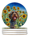 Wirehaired Pointing Griffon in Sunflowers Large Sandstone Coasters Pack of 4 Absorbent Round Coasters Decor Gifts for Men or Women, 4 in, Multicolor
