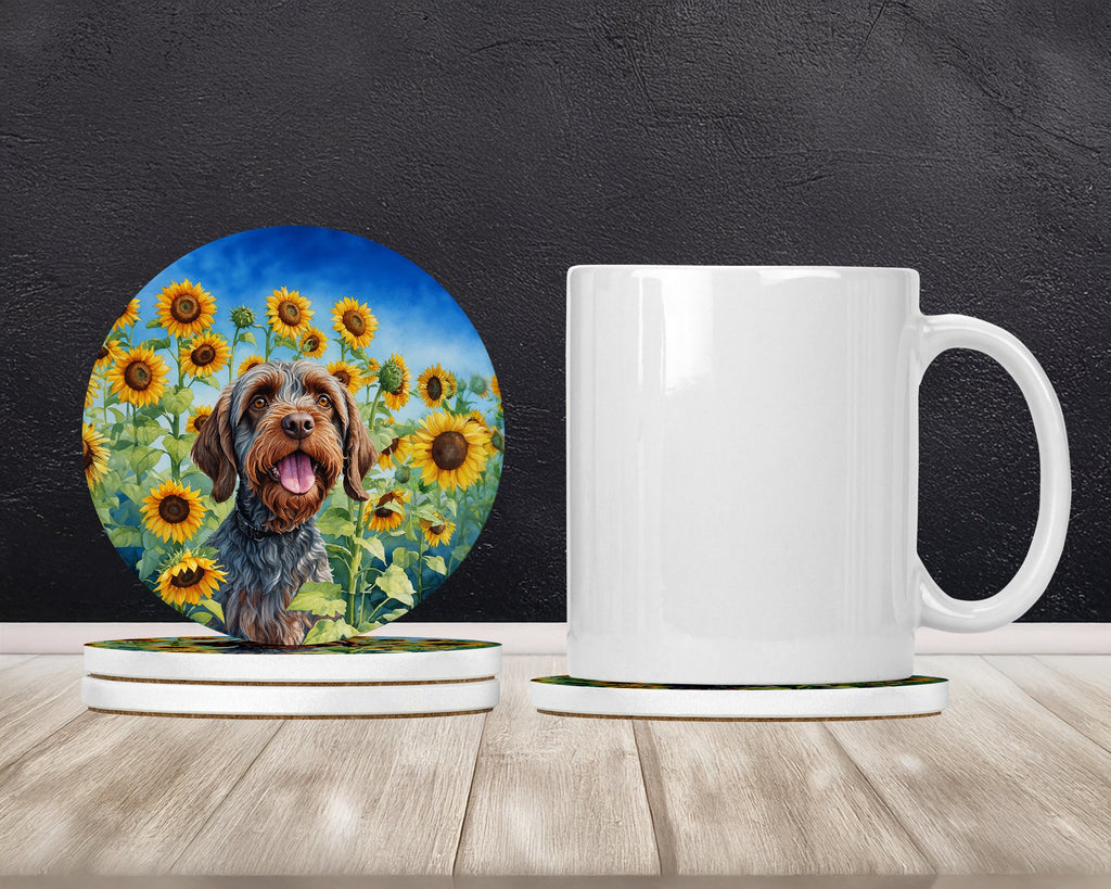 Wirehaired Pointing Griffon in Sunflowers Large Sandstone Coasters Pack of 4 Absorbent Round Coasters Decor Gifts for Men or Women, 4 in, Multicolor