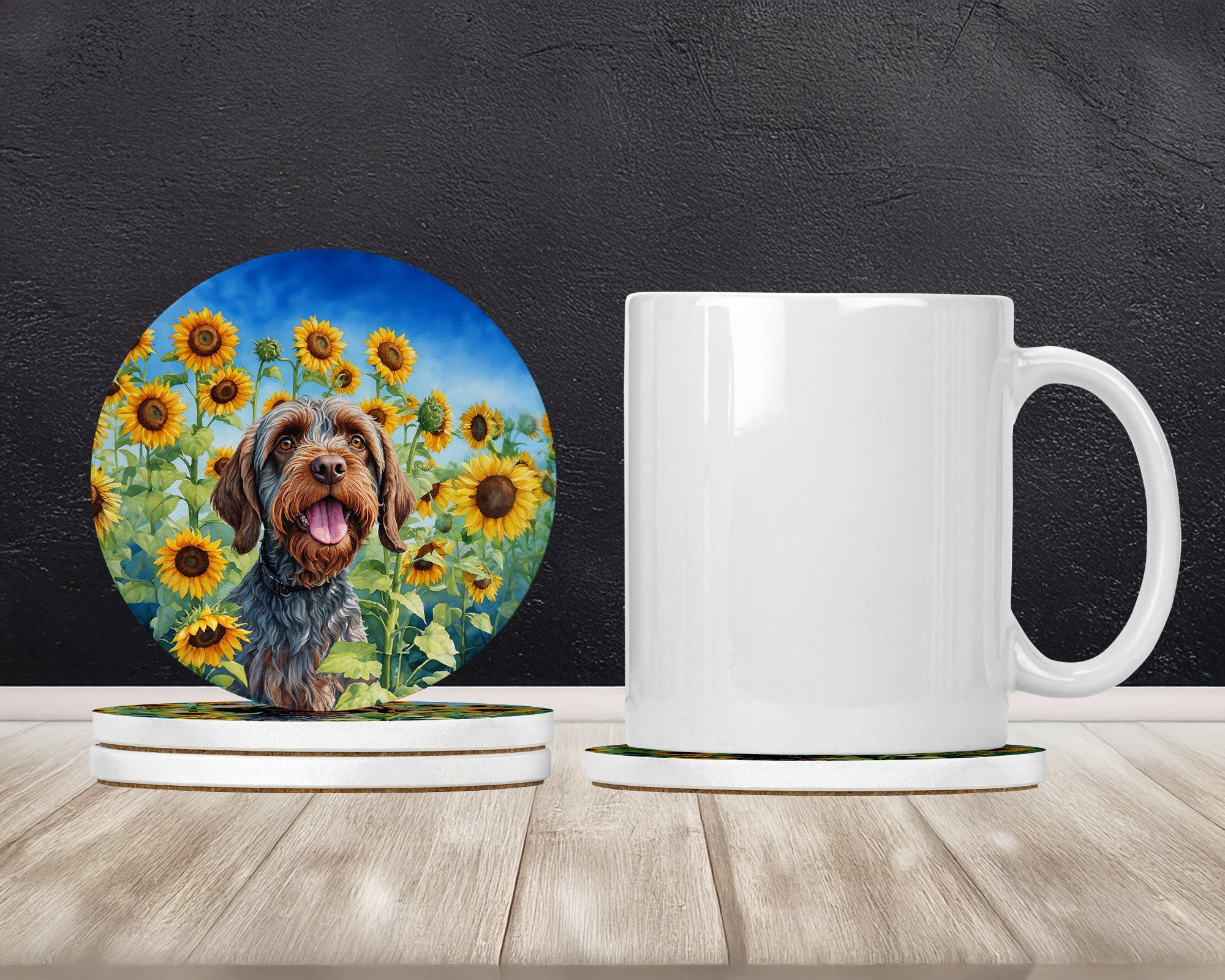 Wirehaired Pointing Griffon in Sunflowers Large Sandstone Coasters Pack of 4 Absorbent Round Coasters Decor Gifts for Men or Women, 4 in, Multicolor