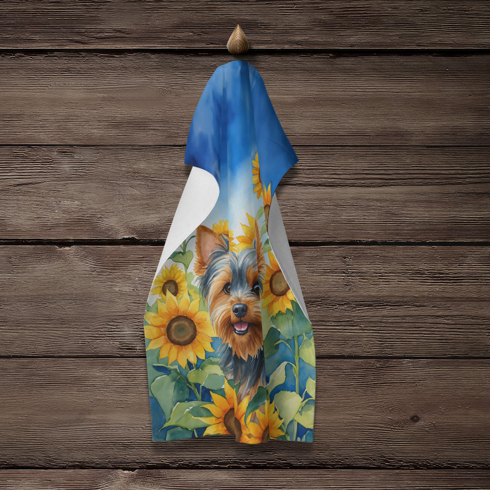 Yorkshire Terrier in Sunflowers Kitchen Towel Velour Plush Front and Cotton Loop Back Machine Washable