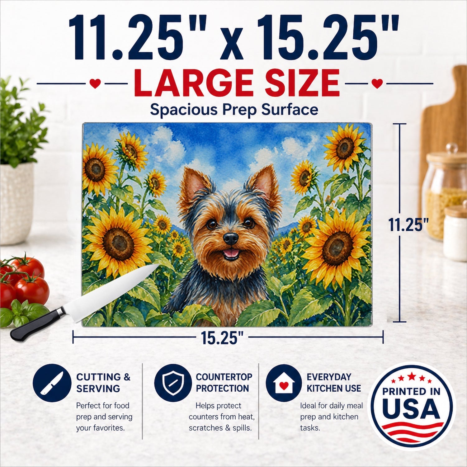 Yorkshire Terrier in Sunflowers Cutting Board Tempered Glass Kitchen Cutting Surface, Heat Resistant Chopping Board with Non-Slip Feet, Decorative Food Prep & Serving