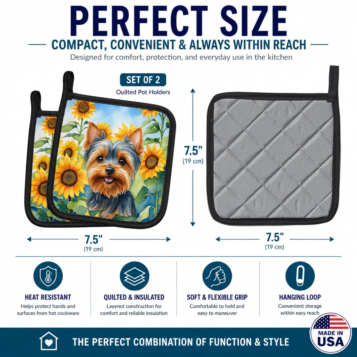 Yorkshire Terrier in Sunflowers Pot Holder Set of 2 Heat Resistant Quilted Hot Pads 7.5 x 7.5 Inch, Insulated Kitchen Trivets for Cooking & Baking