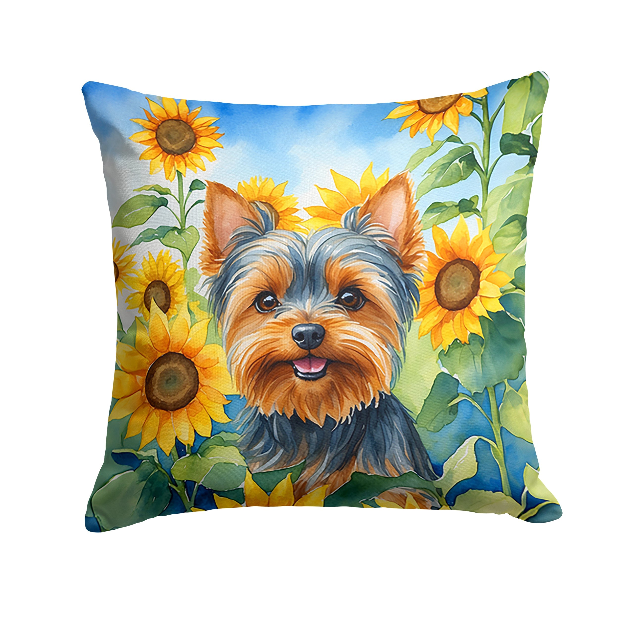 Yorkshire Terrier in Sunflowers Decorative Throw Pillow 14x14 Indoor Outdoor Accent Cushion, Fabric Cover with Insert for Sofa, Bed, Porch & Living Room