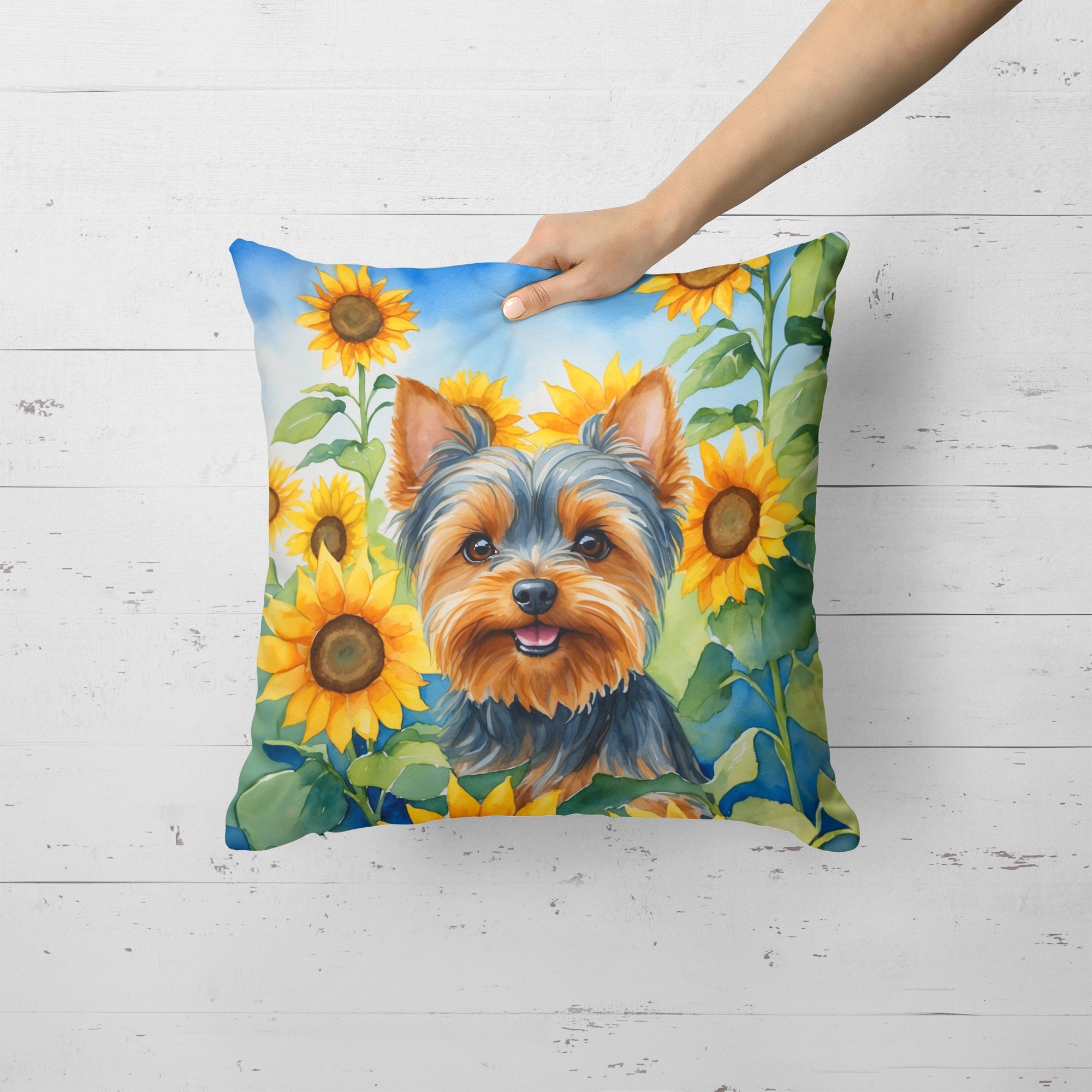 Yorkshire Terrier in Sunflowers Decorative Throw Pillow 18x18 Indoor Outdoor Accent Cushion, Fabric Cover with Insert for Sofa, Bed, Porch & Living Room