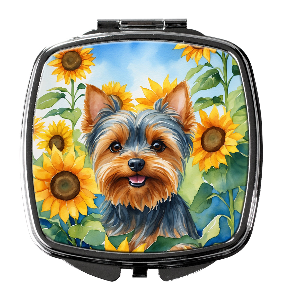 Yorkshire Terrier in Sunflowers Compact Mirror Decorative Travel Makeup Mirror for Women Girls Gifts Pocket Makeup Mirror Folding Handheld