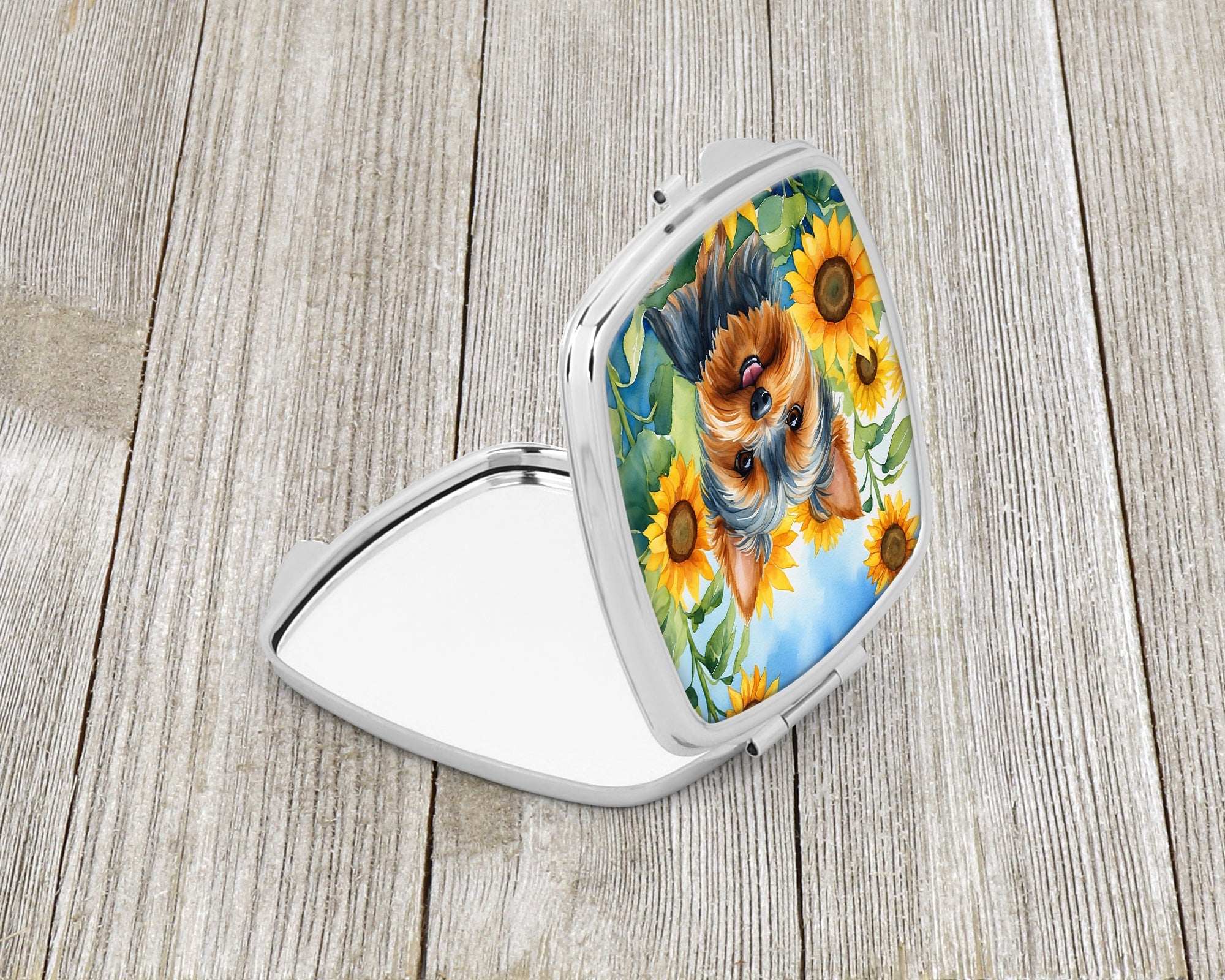 Yorkshire Terrier in Sunflowers Compact Mirror Decorative Travel Makeup Mirror for Women Girls Gifts Pocket Makeup Mirror Folding Handheld