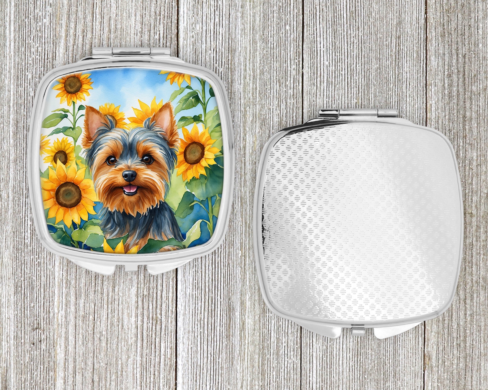 Yorkshire Terrier in Sunflowers Compact Mirror Decorative Travel Makeup Mirror for Women Girls Gifts Pocket Makeup Mirror Folding Handheld
