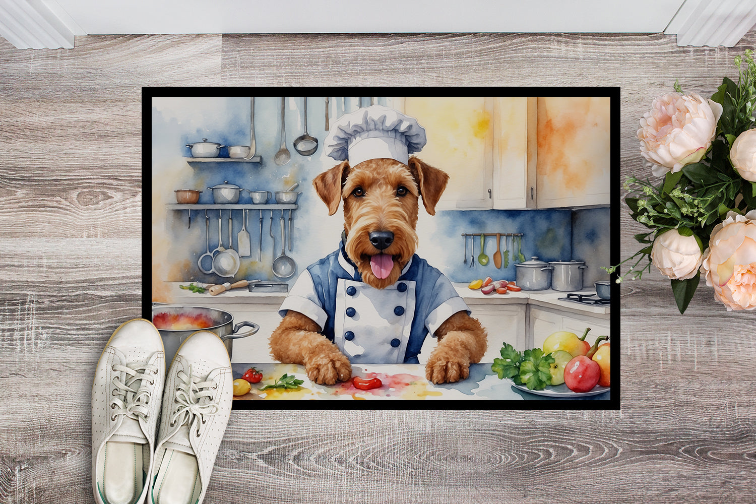 Airedale Terrier The Chef Doormat Indoor Outdoor 18H X 27W Front Door Mat Rugs for Entryway, Non Slip Washable