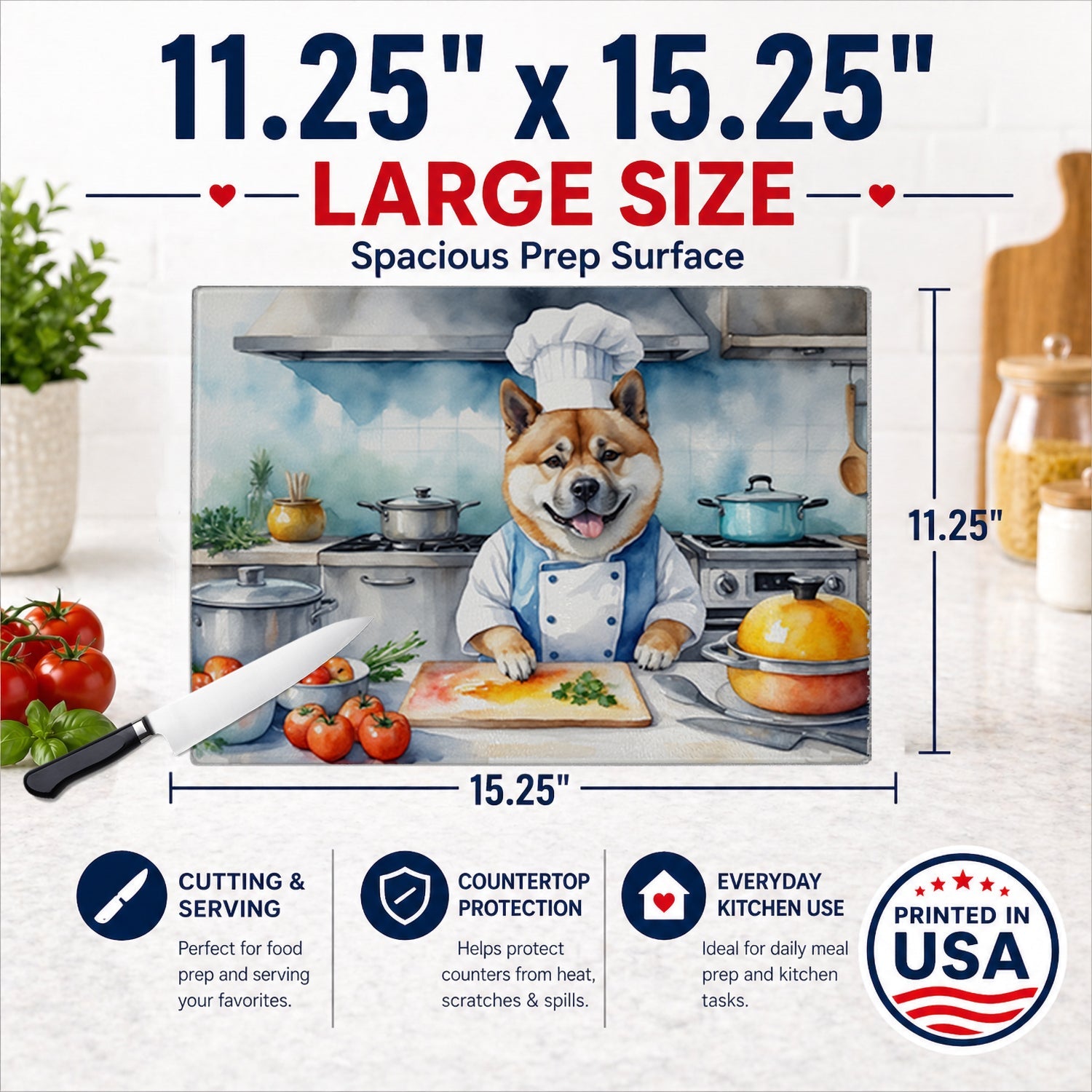 Akita The Chef Cutting Board Tempered Glass Kitchen Cutting Surface, Heat Resistant Chopping, Non-Slip Feet, Food Prep & Serving