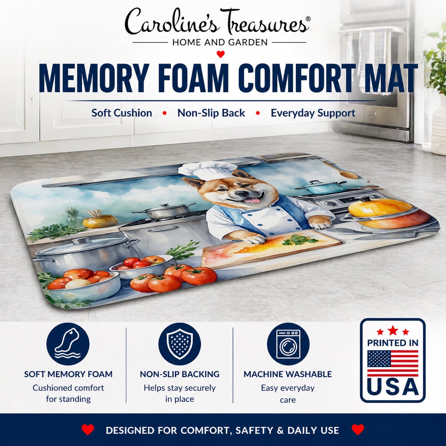 Akita The Chef Memory Foam Kitchen Mat Machine Washable Anti-Fatigue Cushion Comfort Bath or Kitchen Rug