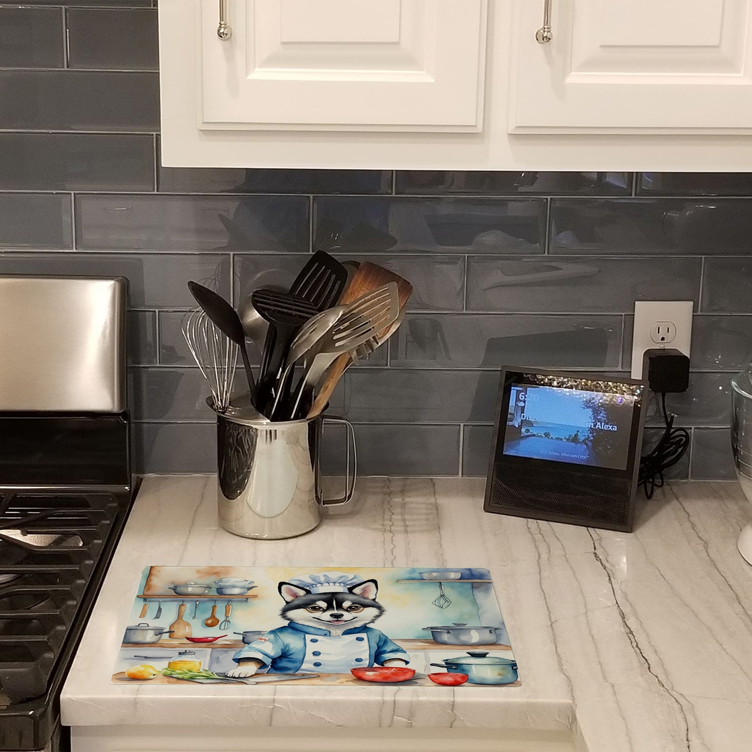 Alaskan Klee Kai The Chef Cutting Board Tempered Glass Kitchen Cutting Surface, Heat Resistant Chopping, Non-Slip Feet, Food Prep & Serving
