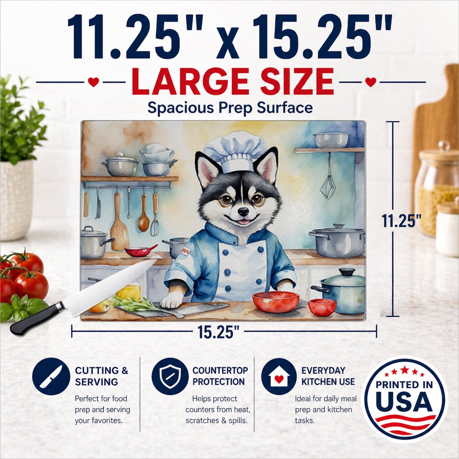 Alaskan Klee Kai The Chef Cutting Board Tempered Glass Kitchen Cutting Surface, Heat Resistant Chopping, Non-Slip Feet, Food Prep & Serving
